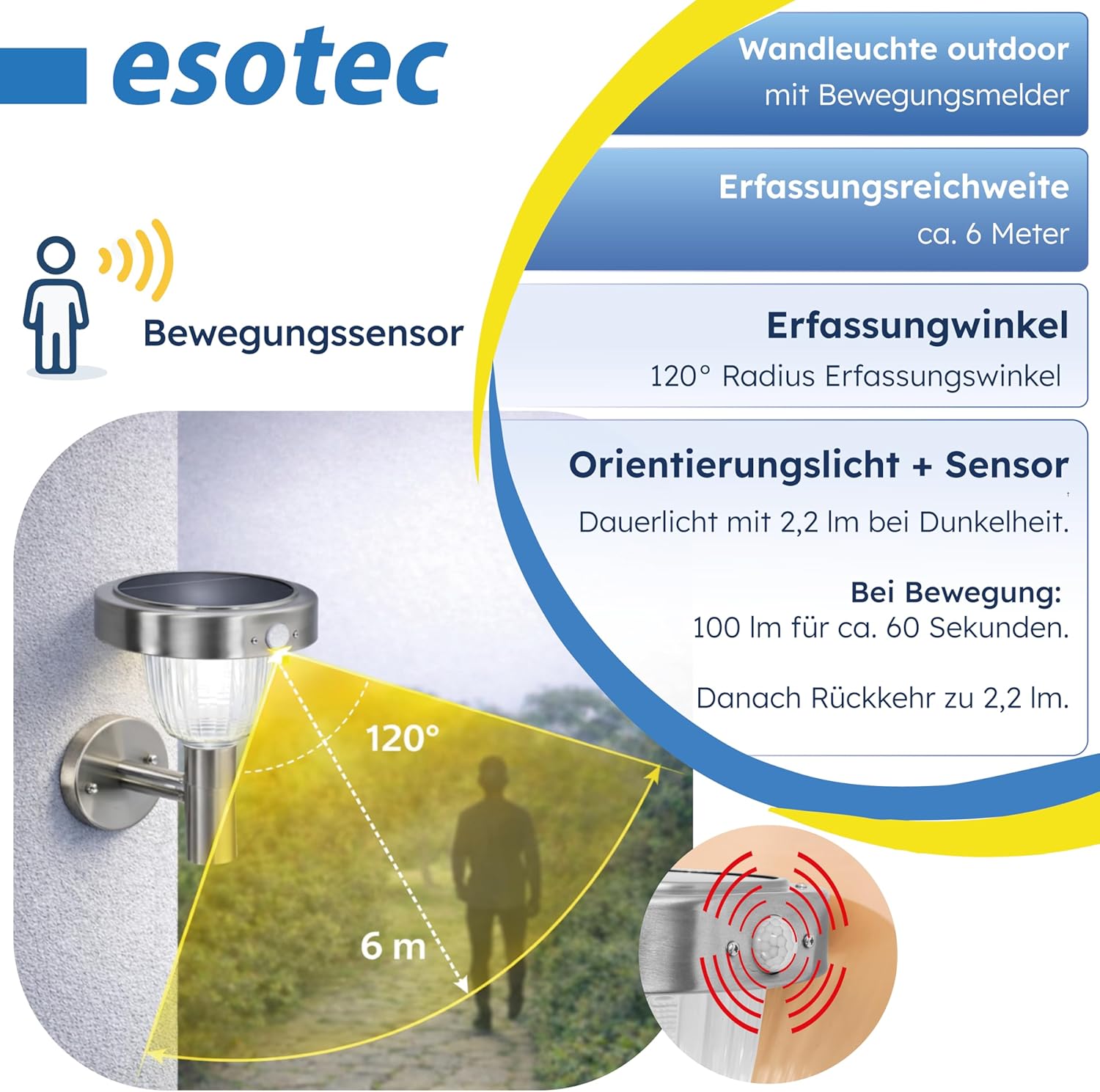 esotec Solar Wandleuchte mit Bewegungsmelder, H=29,5cm, Außenwandleuchte Edelstahl, Wandlampe außen, 100lm Sicherheitslicht, kaltweiß 6500K 102098 — Ansicht 3