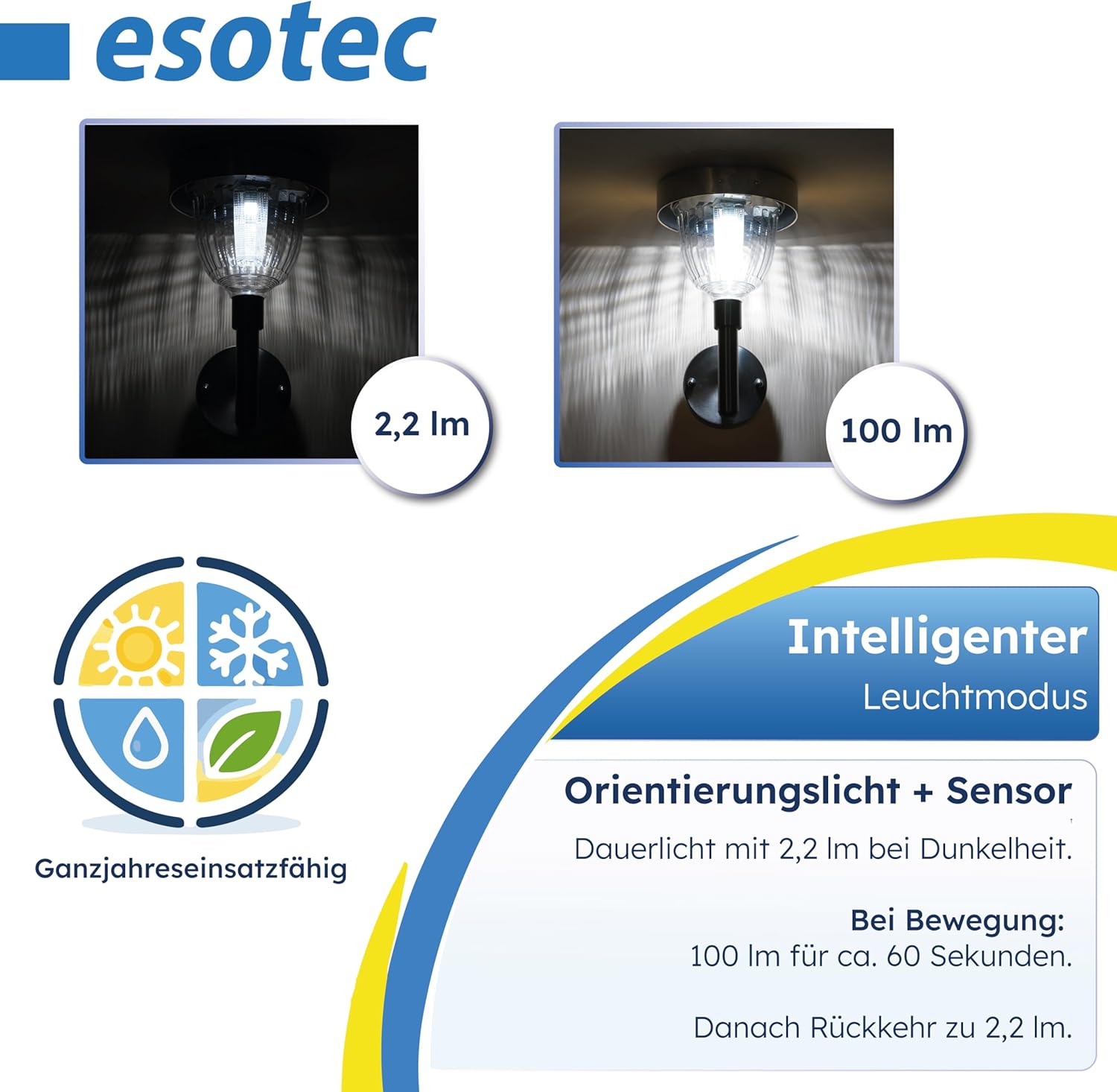 esotec Solar Wandleuchte mit Bewegungsmelder, H=29,5cm, Außenwandleuchte Edelstahl, Wandlampe außen, 100lm Sicherheitslicht, kaltweiß 6500K 102098 — Ansicht 4