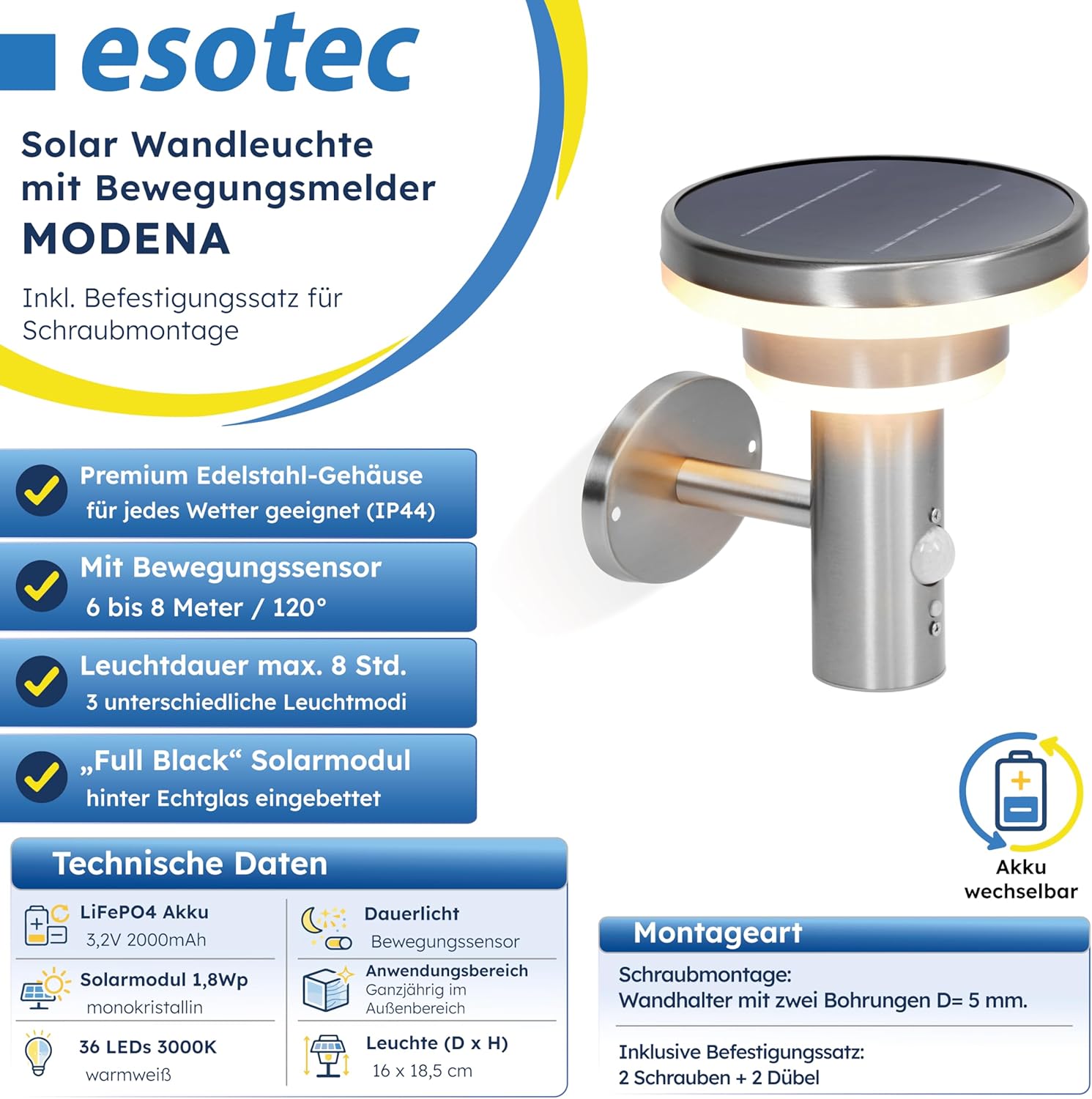 esotec Solar Wandleuchte Modena mit Bewegungssensor, Solarleuchte für Außen Garten, 600 lm, warmweiß 3000K, Edelstahl, IP44, 102753 — Ansicht 3