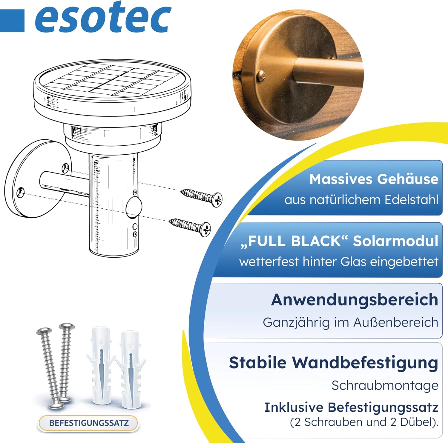 esotec Solar Wandleuchte Modena mit Bewegungssensor, Solarleuchte für Außen Garten, 600 lm, warmweiß 3000K, Edelstahl, IP44, 102753 — Ansicht 6