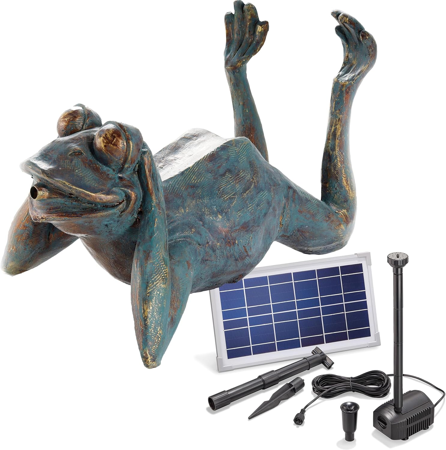 Esotec Solar Wasserspeier Frosch Komplettset, Solar Springbrunnen für Außen, Solarbrunnen mit Solarpumpe 380l/h, Solarmodul 8Wp, Teichfigur Polyresin 34x21x23,5cm 101650