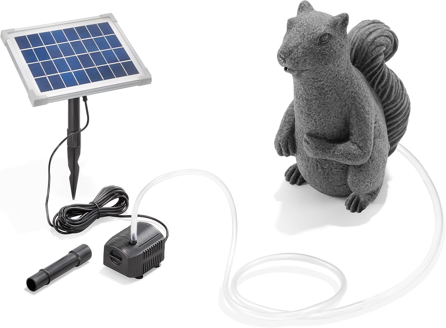 Esotec Solar Wasserspeier Komplettset, Eichhörnchen Puschel, Gartenteich Wasserspiel, Vogeltränke, Vogelbad, Gartenbrunnen mit Solarpumpe, 1,5m Schlauch, H=31,5cm 101671