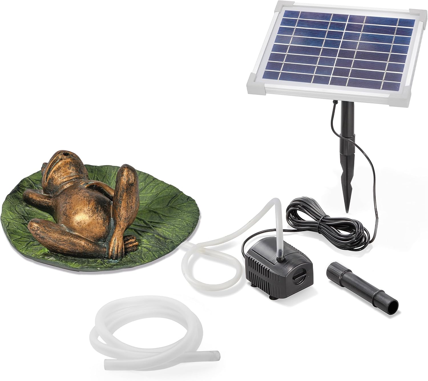 Esotec Solar Wasserspeier Komplettset, Frosch auf Seerosenblatt, Gartenteich Wasserspiel, Vogeltränke, Vogelbad, Gartenbrunnen mit Solarpumpe, schwimmend, H=15cm 101672