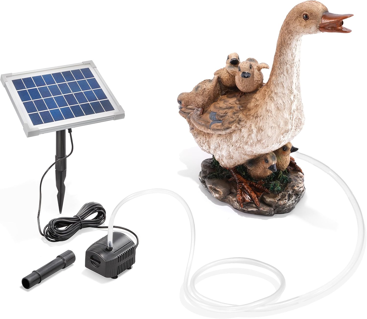 Esotec Solar Wasserspeier Komplettset, Gans mit Küken, Gartenteich Wasserspiel, Vogeltränke, Vogelbad, Gartenbrunnen mit Solarpumpe, H=38,5cm 101669