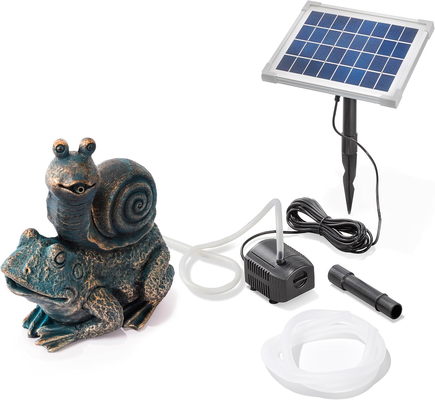 Esotec Solar Wasserspeier Komplettset, Max und Moritz, Frosch mit Schnecke, Gartenteich Wasserspiel, Vogeltränke, Gartenbrunnen mit Solarpumpe, H=26,5cm 101684