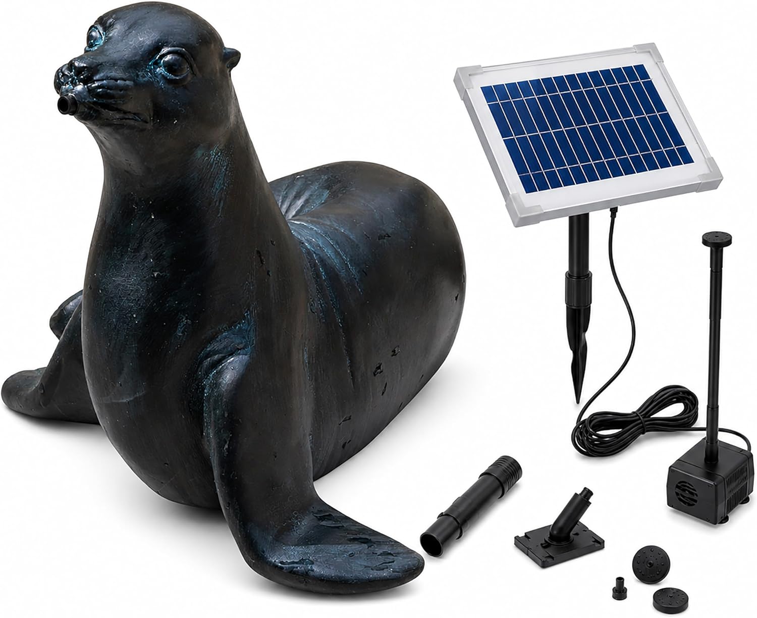 Esotec Solar Wasserspeier Komplettset, Seehund Figur Sammy, Gartenteich Wasserspiel, Vogeltränke, Vogelbad, Gartenbrunnen mit Solarpumpe, 2 Schläuche, H=25cm 101676