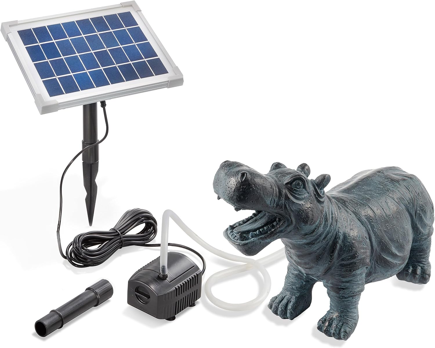 Esotec Solar Wasserspeier Set Hippo Nilpferd, Solarpumpe, Teichfigur Gartenfigur Gartenstatue, Tauchpumpe, Gartenbrunnen, Springbrunnen für außen Outdoor, Vogeltränke H=20cm 101658