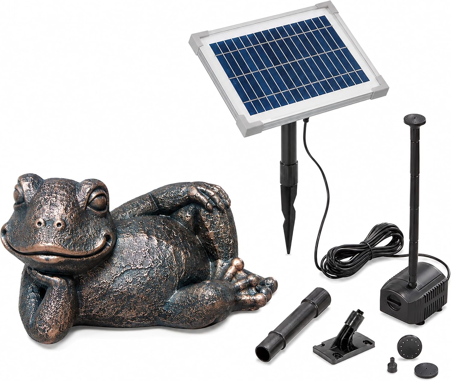 Esotec Solar Wasserspeier Set liegender Frosch Pepe, H=31cm, Wasserspiel mit Teichpumpe 250l/h, Schlauch, Solarmodul, Solarbrunnen für draussen, Wasserspiel Garten-Teich 101678