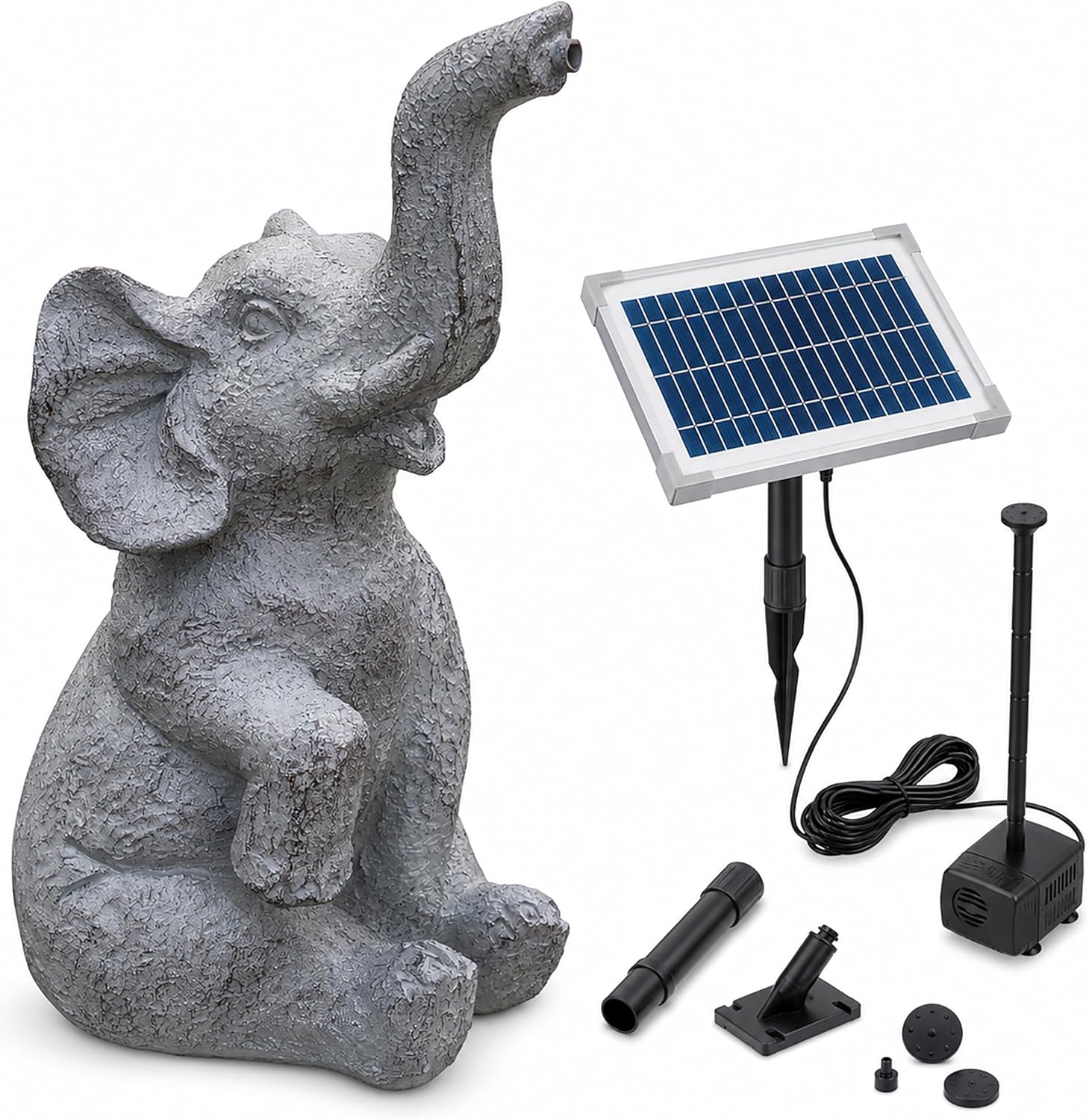 Esotec Solar Wasserspeier Set sitzender Elefant LUMI, H=17,5cm, Wasserspiel mit Teichpumpe 250l/h, Schlauch, Solarmodul, Solarbrunnen für draussen, Wasserspiel Garten-Teich 101675