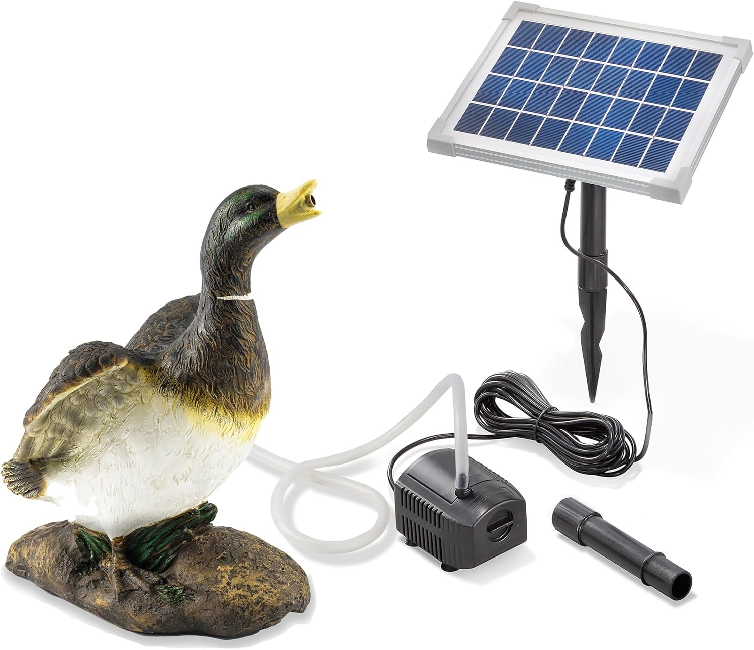Esotec Solar Wasserspeier-Set, Wasserspiel, Gartenbrunnen, Gartenteich, Vogeltränke, Vogelbad, Enterich Lucky Duck mit Solarpumpe 5Wp Komplettset, 101659