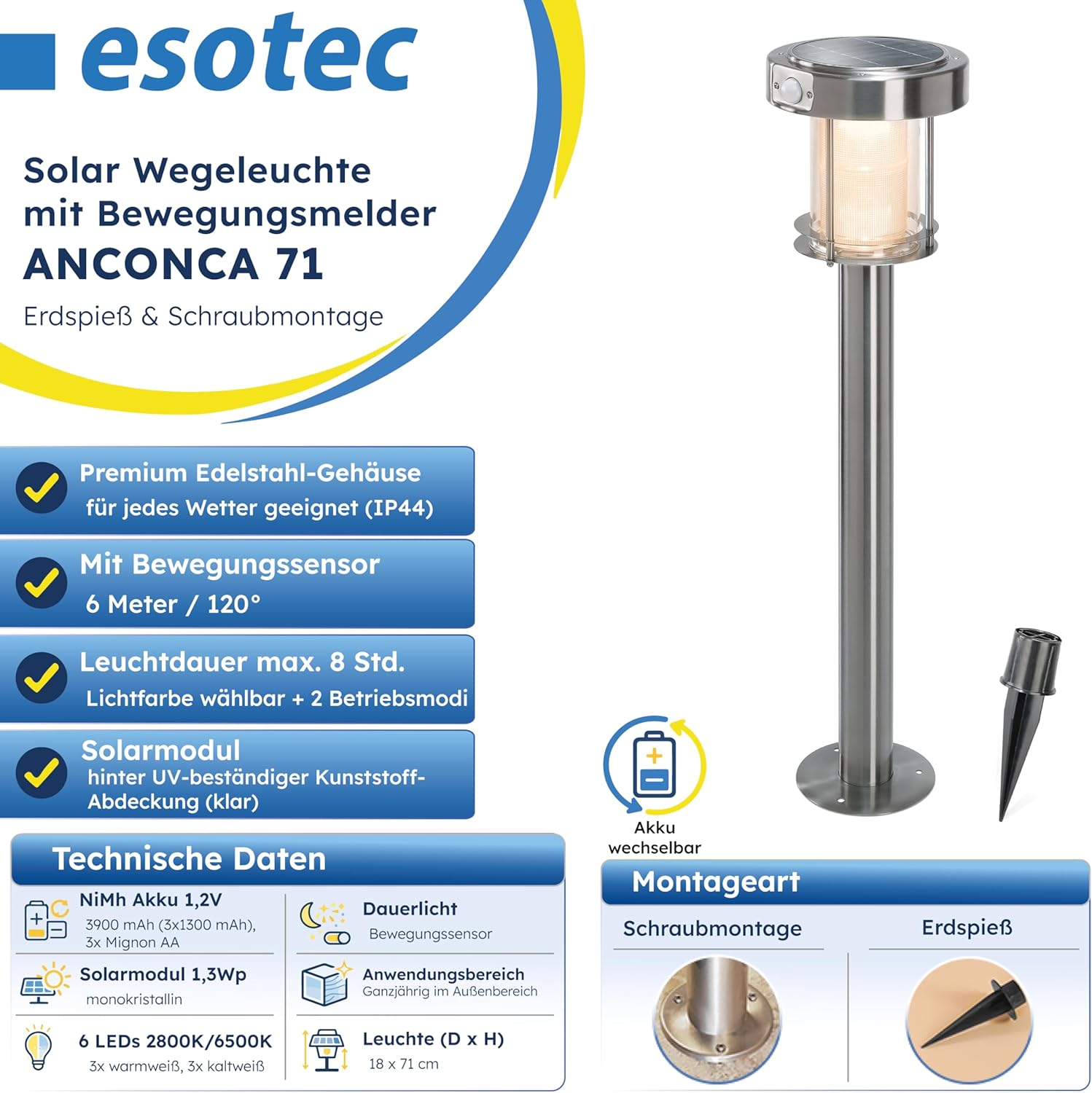 esotec Solar Wegeleuchte mit Bewegungsmelder Ancona, Gartenlampe Standleuchte für außen, DuoColor warmweiß kaltweiß, Edelstahl, H=71cm, IP44, 102534 — Ansicht 2