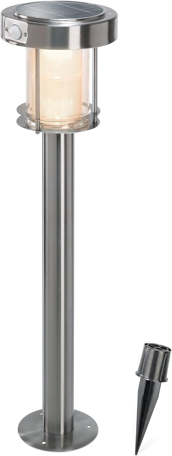 esotec Solar Wegeleuchte mit Bewegungsmelder Ancona, Gartenlampe Standleuchte für außen, DuoColor warmweiß kaltweiß, Edelstahl, H=71cm, IP44, 102534