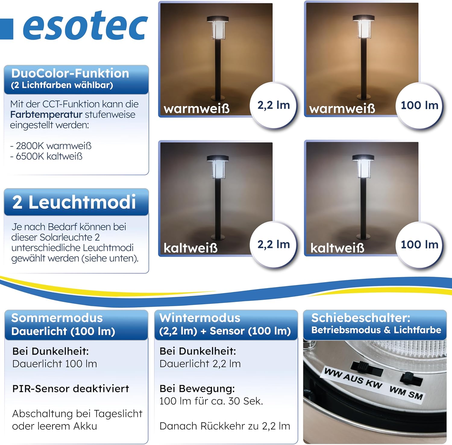 esotec Solar Wegeleuchte mit Bewegungsmelder Ancona, Gartenlampe Standleuchte für außen, DuoColor warmweiß kaltweiß, Edelstahl, H=71cm, IP44, 102534 — Ansicht 3