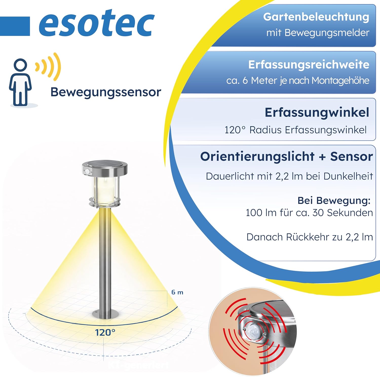 esotec Solar Wegeleuchte mit Bewegungsmelder Ancona, Gartenlampe Standleuchte für außen, DuoColor warmweiß kaltweiß, Edelstahl, H=71cm, IP44, 102534 — Ansicht 4