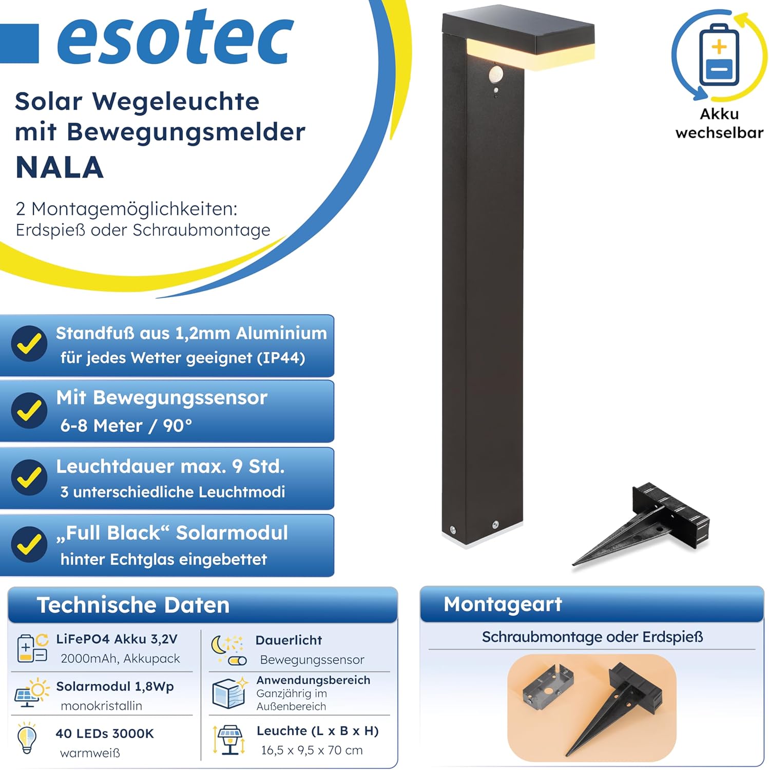 esotec Solar Wegeleuchte mit Bewegungsmelder Nala, H=70cm Außenleuchte, warmweiß 3000K, wechselbarer LiFePO4 Akku 102932 — Ansicht 2