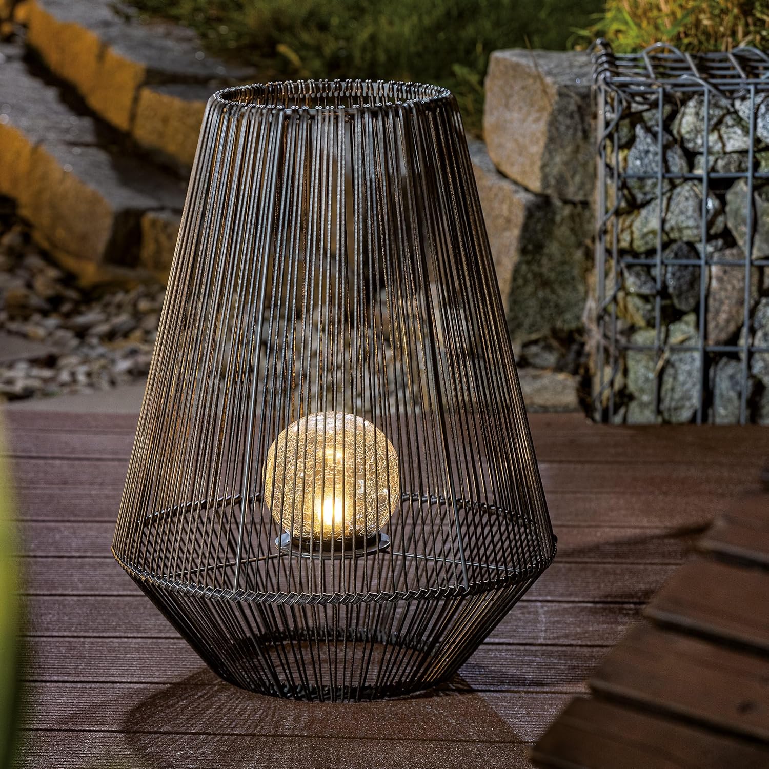 Esotec Solar Windlicht Ilona, Crackle Bruchglas Leuchtkugel innliegend, Dekoleuchte, Polyrattan, Gartenleuchte, Akku, Metall, IP44, wetterfest, außen, schwarz, Höhe 51cm, 102208 — Ansicht 2