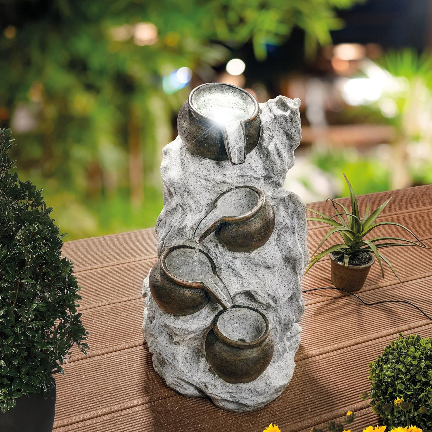 esotec Solarbrunnen Gartenbrunnen mit Akku & LED, Felsen Kaskadenbrunnen 48 cm, Wasserspiel für Garten Terrasse Balkon, Polyresin 101321 — Ansicht 2