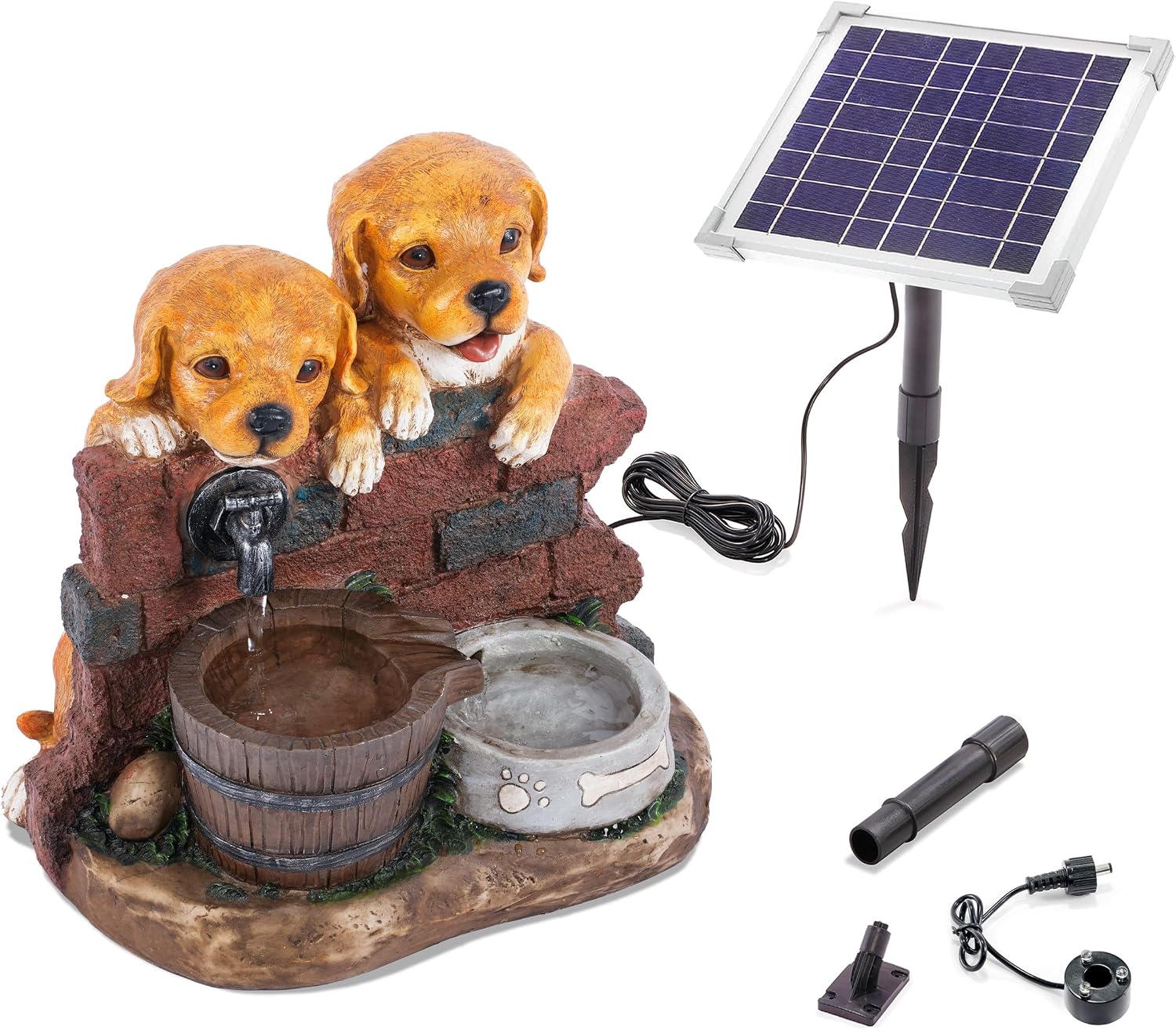 esotec Solarbrunnen Hundewelpen Milo & Buddy, Komplettset, Solarmodul, Akku, 3m Kabel, Erdspieß und Wandhalterung, Springbrunnen Wasserbrunnen Outdoor 101335