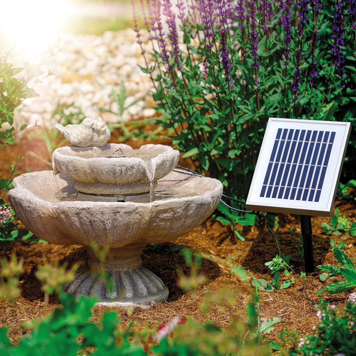 esotec Solarbrunnen Vogelpaar mit LED Beleuchtung, Akku, Solarmodul, USB-Ladung, Timer, Solarmodul, Akku, LED-Licht warmweiß, 5m Kabel, Erdspieß und Wandhalterung, Balkon-Brunnen Outdoor 101379 — Ansicht 2