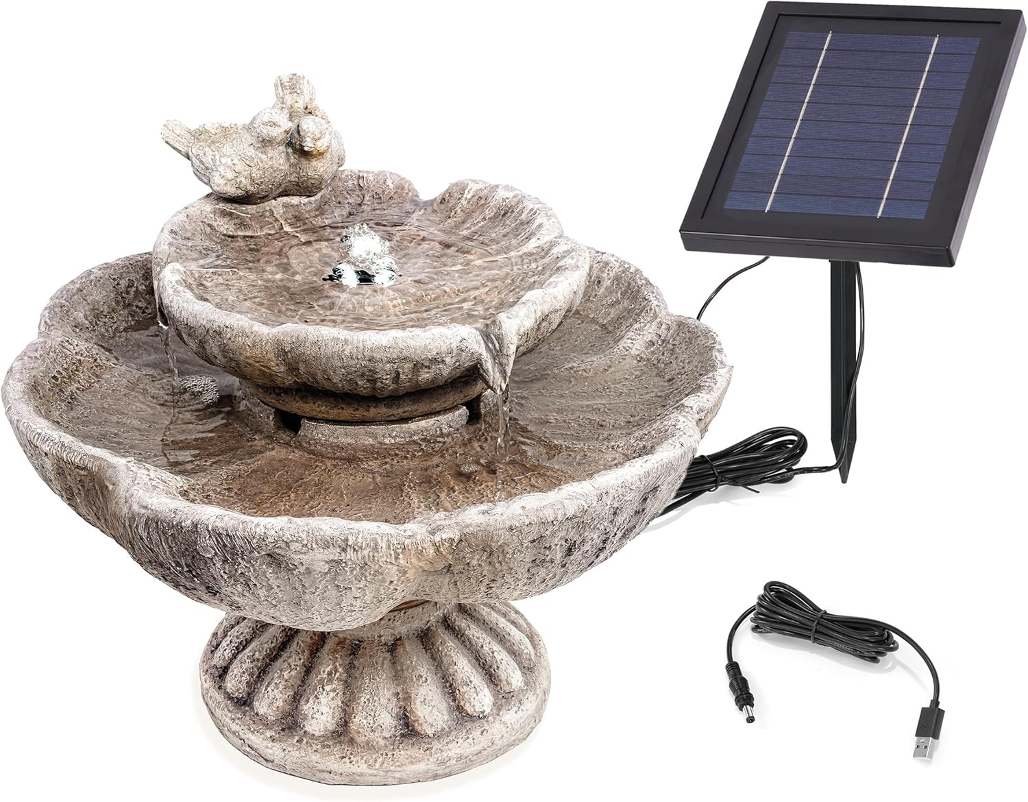 esotec Solarbrunnen Vogelpaar mit LED Beleuchtung, Akku, Solarmodul, USB-Ladung, Timer, Solarmodul, Akku, LED-Licht warmweiß, 5m Kabel, Erdspieß und Wandhalterung, Balkon-Brunnen Outdoor 101379