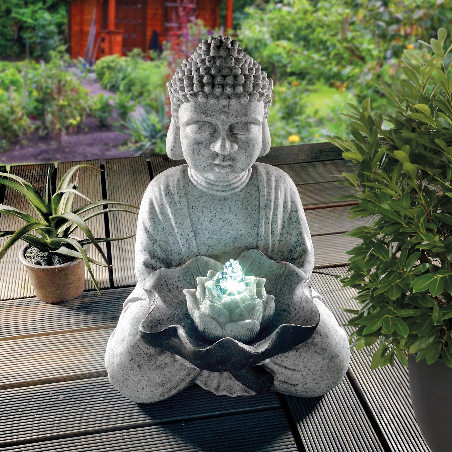 esotec Solarbrunnen Wasserspiel Buddha, Akku + LED + Pumpe, H=43cm, freistehender Springbrunnen, Gartenbrunnen, Vogeltränke, Zierbrunnen, grau 101327 — Ansicht 2
