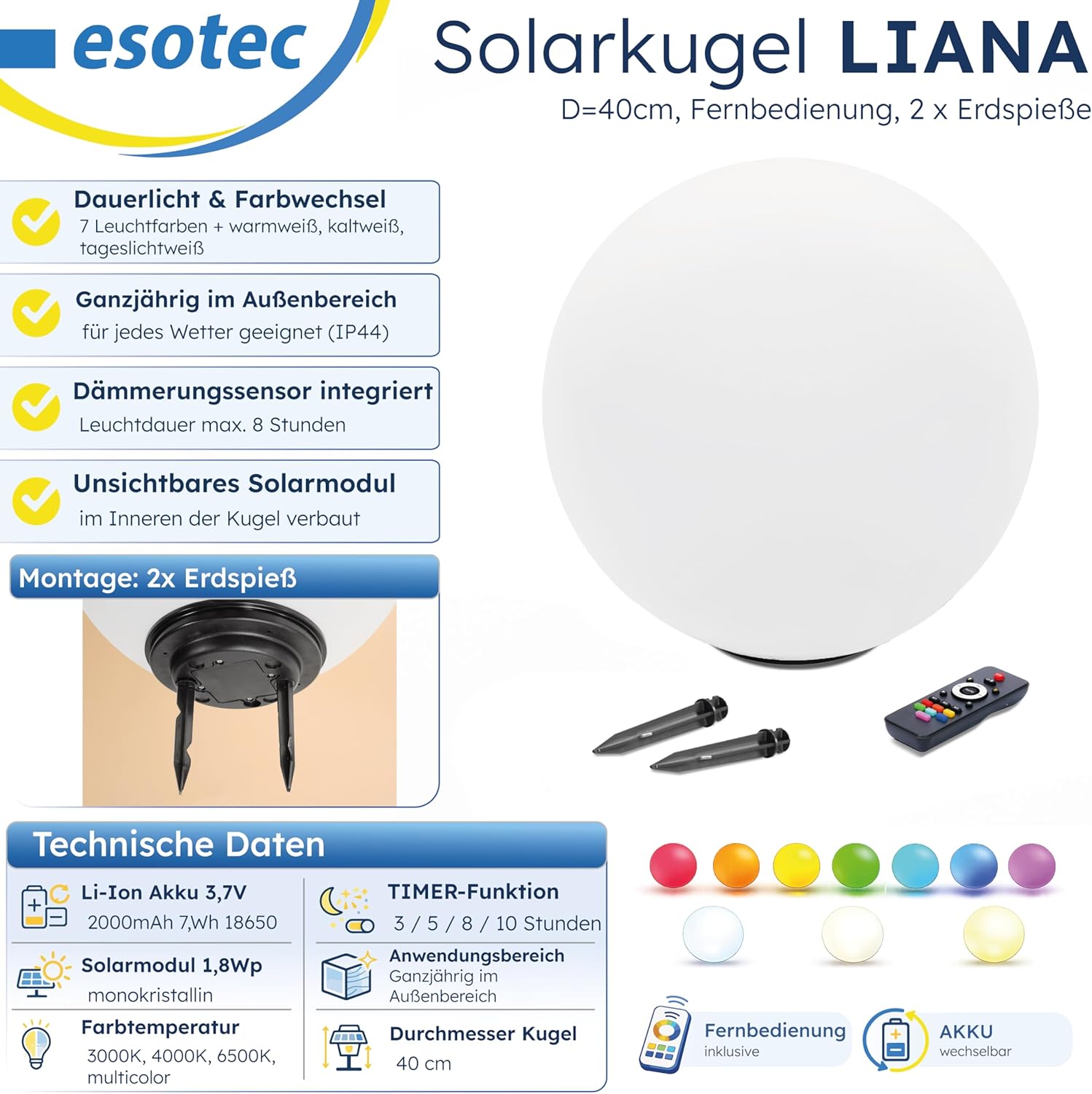 Esotec Solarkugel Liana CCT, 40cm, multicolor, Fernbedienung, Farbwechsel, RGB LED Gartenkugel, Leuchtkugel, Solarleuchte, Kugelleuchte, Kunststoff, IP44, wetterfest, winterfest, außen, 102641 — Ansicht 3