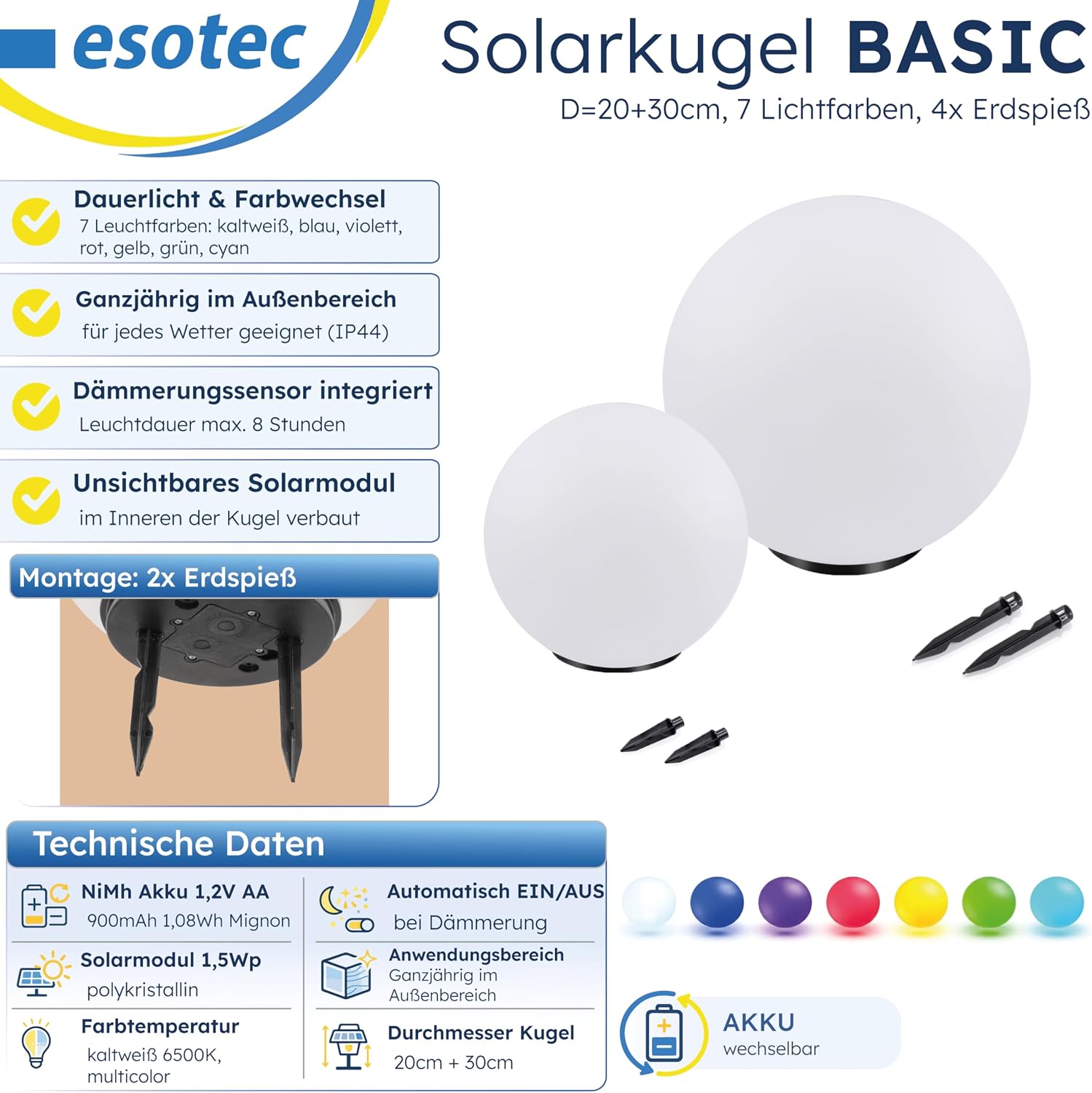 Esotec Solarkugeln für den Garten, 2er Set, multicolor, 20+30cm, 7 Leuchtfarben, Leuchtkugel, Lichtkugel, Akku, LED Solarkugel, Solarleuchte, Kugelleuchte, außen, winterfest, outdoor, 102613 — Ansicht 3