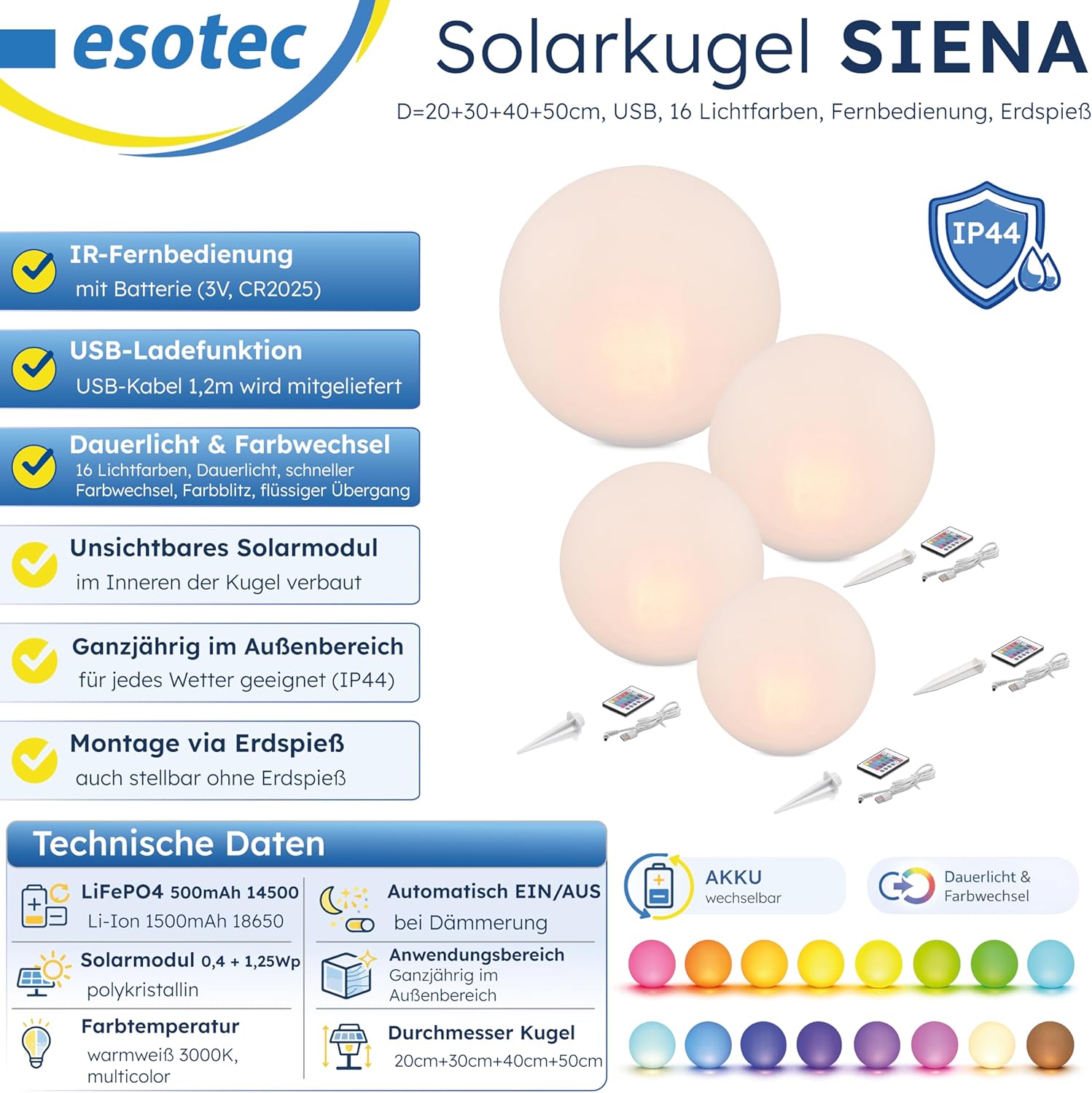 Esotec Solarkugeln Siena, 4er Set, multicolor, 20+30+40+50cm, Fernbedienung, USB, 16 Leuchtfarben, Akku, Solarmodul, Erdspieß, Solarleuchte, Kugelleuchte, außen, winterfest, wetterfest, 102896 — Ansicht 3