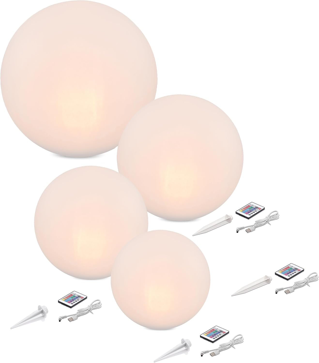Esotec Solarkugeln Siena, 4er Set, multicolor, 20+30+40+50cm, Fernbedienung, USB, 16 Leuchtfarben, Akku, Solarmodul, Erdspieß, Solarleuchte, Kugelleuchte, außen, winterfest, wetterfest, 102896