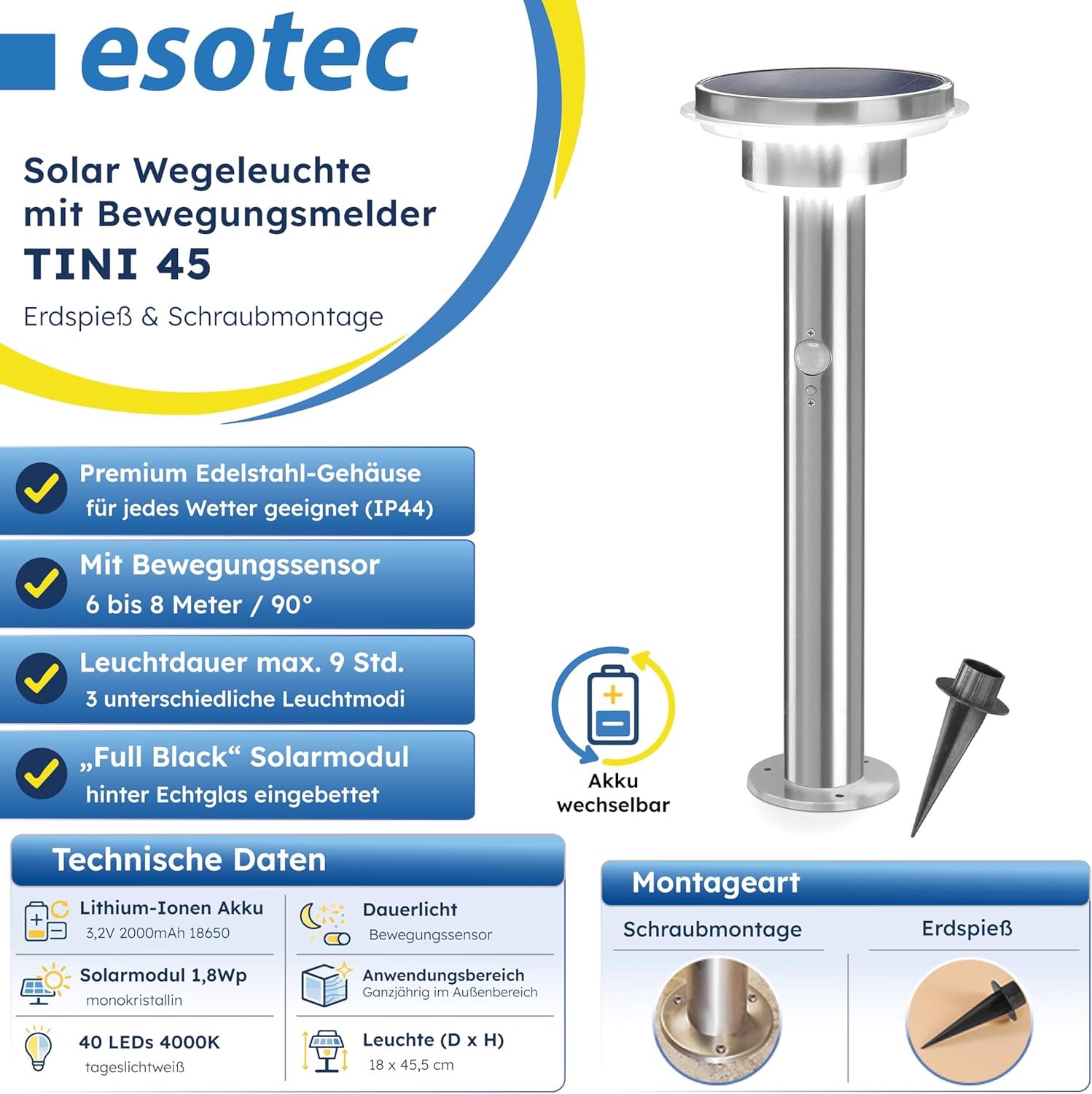 esotec Solarlampen für außen Solarleuchte Tini mit Bewegungsmelder, Gartenbeleuchtung Edelstahl H=45,5cm, 3 Betriebsmodi, 600lm, 102596 — Ansicht 2