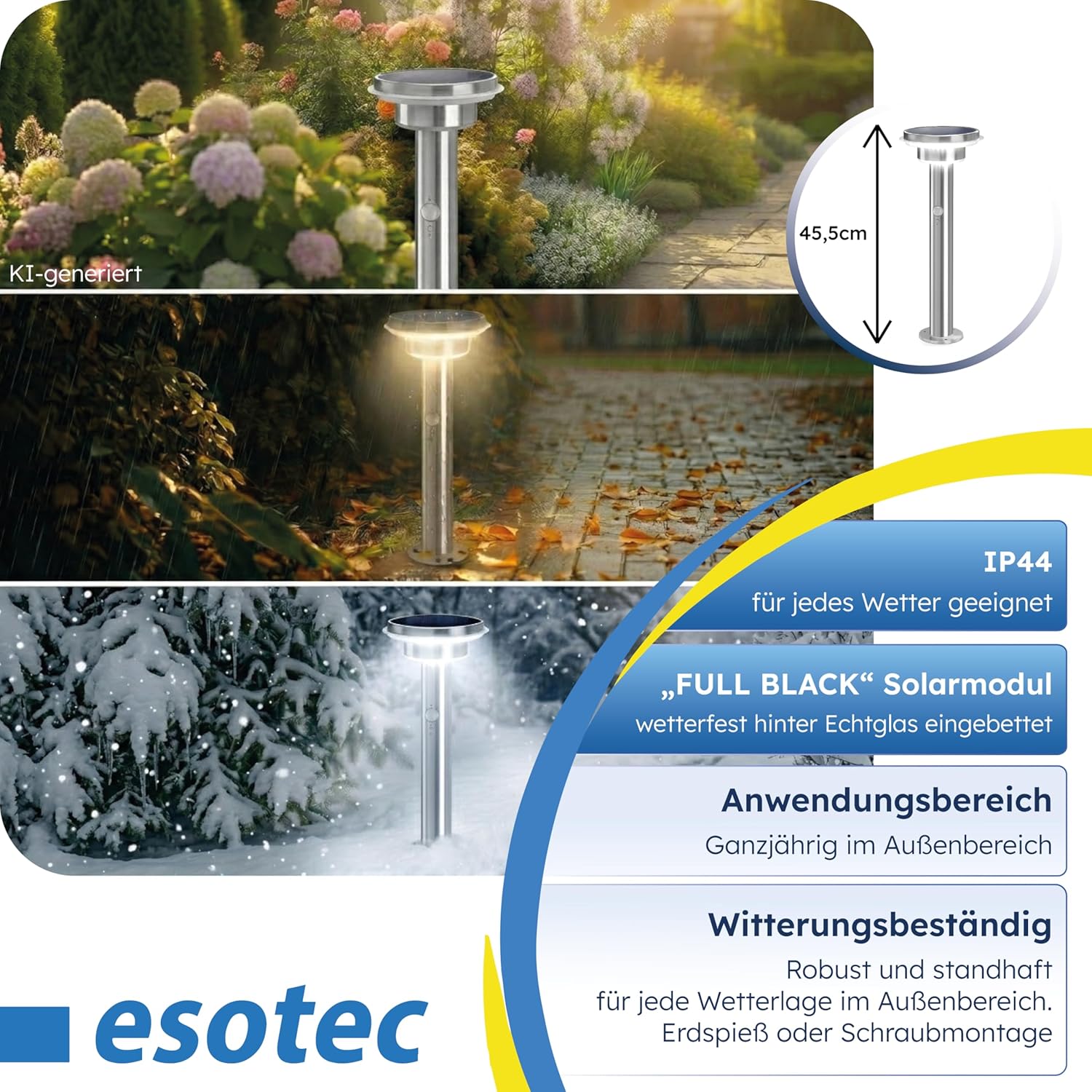 esotec Solarlampen für außen Solarleuchte Tini mit Bewegungsmelder, Gartenbeleuchtung Edelstahl H=45,5cm, 3 Betriebsmodi, 600lm, 102596 — Ansicht 6