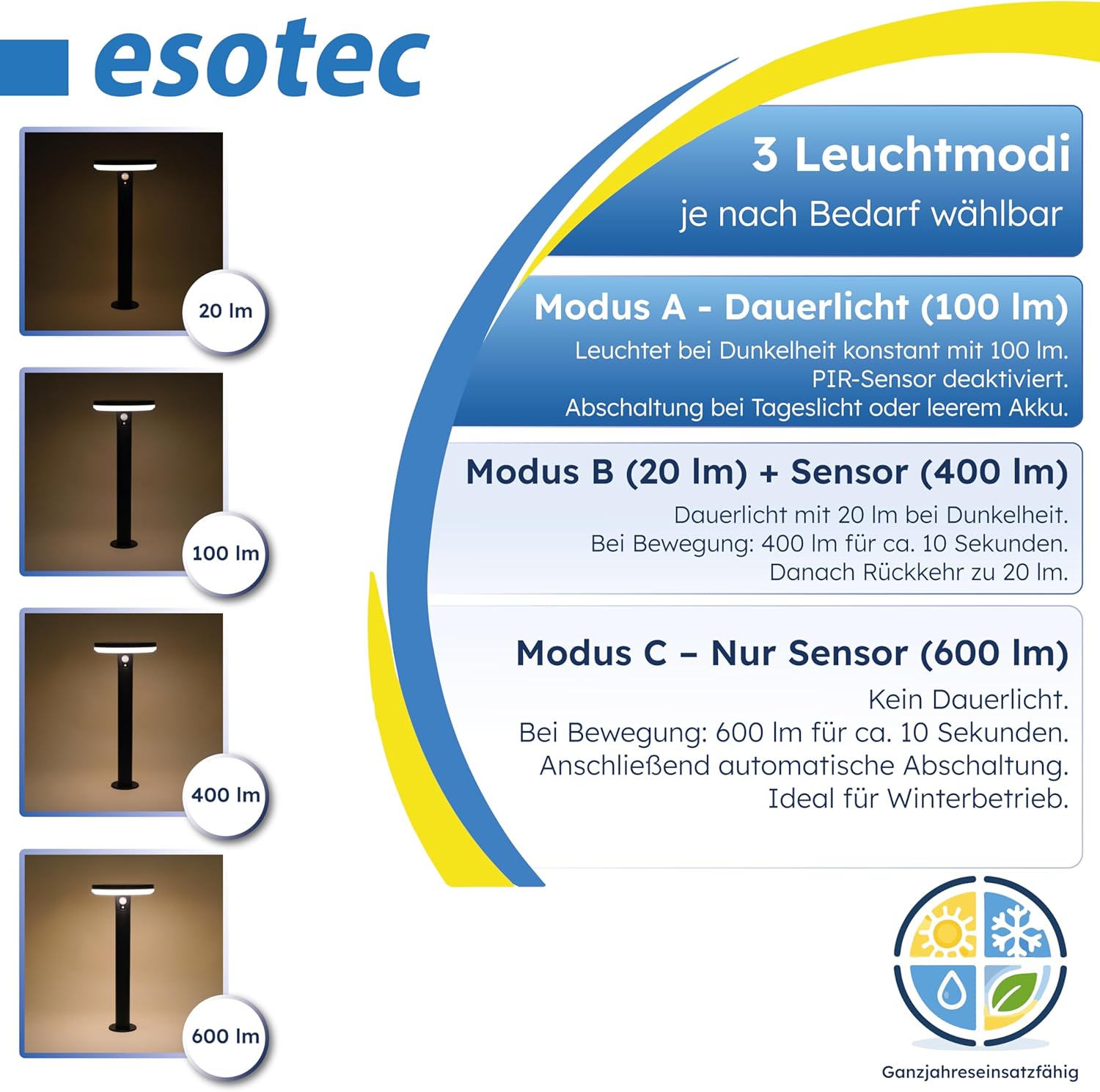 esotec Solarlampen für Außen Wegeleuchte Arezzo 50 cm, Solarleuchte mit Bewegungsmelder, 3 Leuchtmodi, 600 lm, Edelstahl Solar Gartenleuchte warmweiß IP44 102742 — Ansicht 4